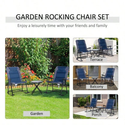 Outsunny 3 Piece Outdoor Patio Furniture Set with Glass Coffee Table 2 Folding Padded Rocking Chairs, Bistro Style Porch, Camping, Balcony, Navy Blue