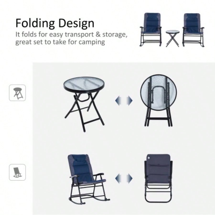 Outsunny 3 Piece Outdoor Patio Furniture Set with Glass Coffee Table 2 Folding Padded Rocking Chairs, Bistro Style Porch, Camping, Balcony, Navy Blue