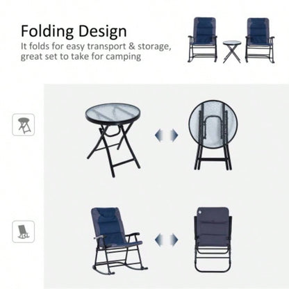 Outsunny 3 Piece Outdoor Patio Furniture Set with Glass Coffee Table 2 Folding Padded Rocking Chairs, Bistro Style Porch, Camping, Balcony, Navy Blue