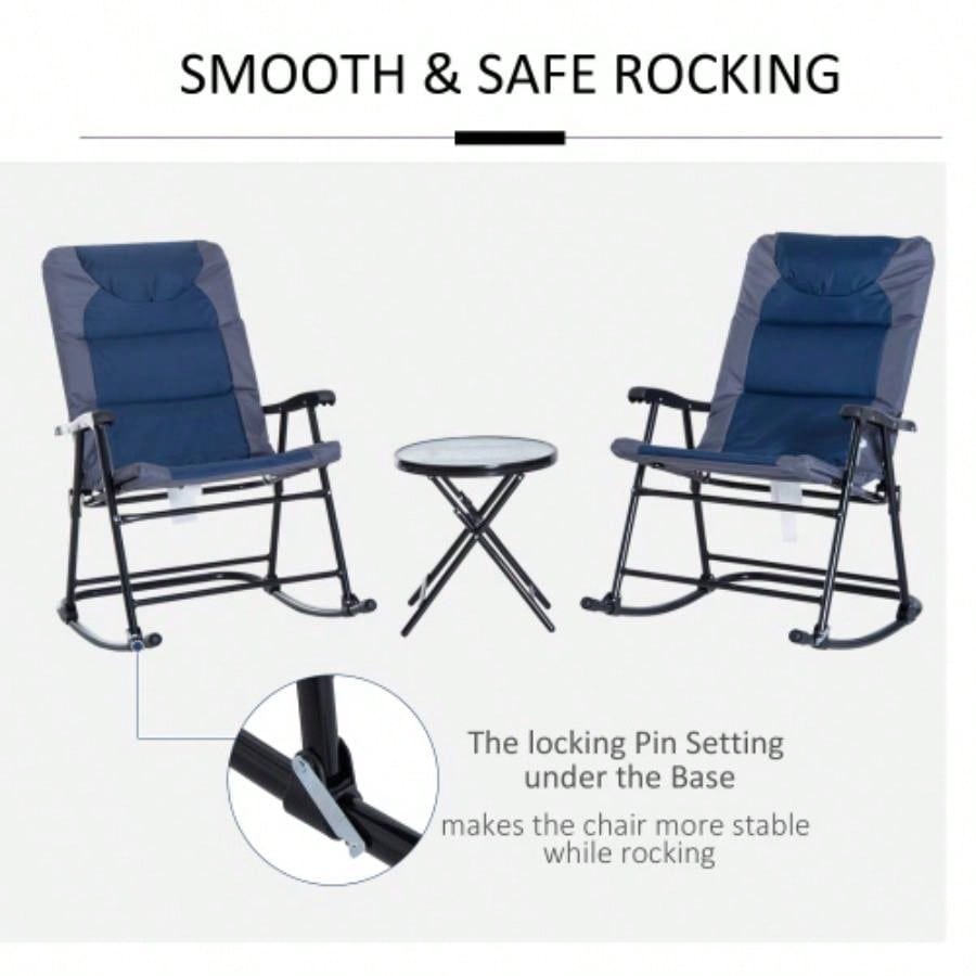 Outsunny 3 Piece Outdoor Patio Furniture Set with Glass Coffee Table 2 Folding Padded Rocking Chairs, Bistro Style Porch, Camping, Balcony, Navy Blue