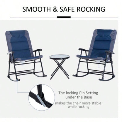 Outsunny 3 Piece Outdoor Patio Furniture Set with Glass Coffee Table 2 Folding Padded Rocking Chairs, Bistro Style Porch, Camping, Balcony, Navy Blue