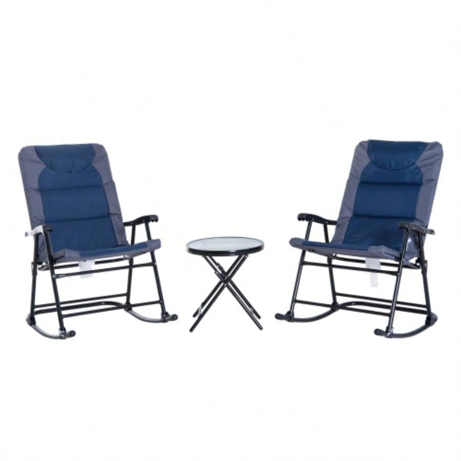 Outsunny 3 Piece Outdoor Patio Furniture Set with Glass Coffee Table 2 Folding Padded Rocking Chairs, Bistro Style Porch, Camping, Balcony, Navy Blue