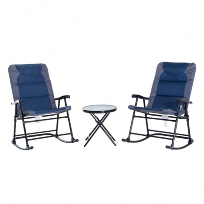Outsunny 3 Piece Outdoor Patio Furniture Set with Glass Coffee Table 2 Folding Padded Rocking Chairs, Bistro Style Porch, Camping, Balcony, Navy Blue