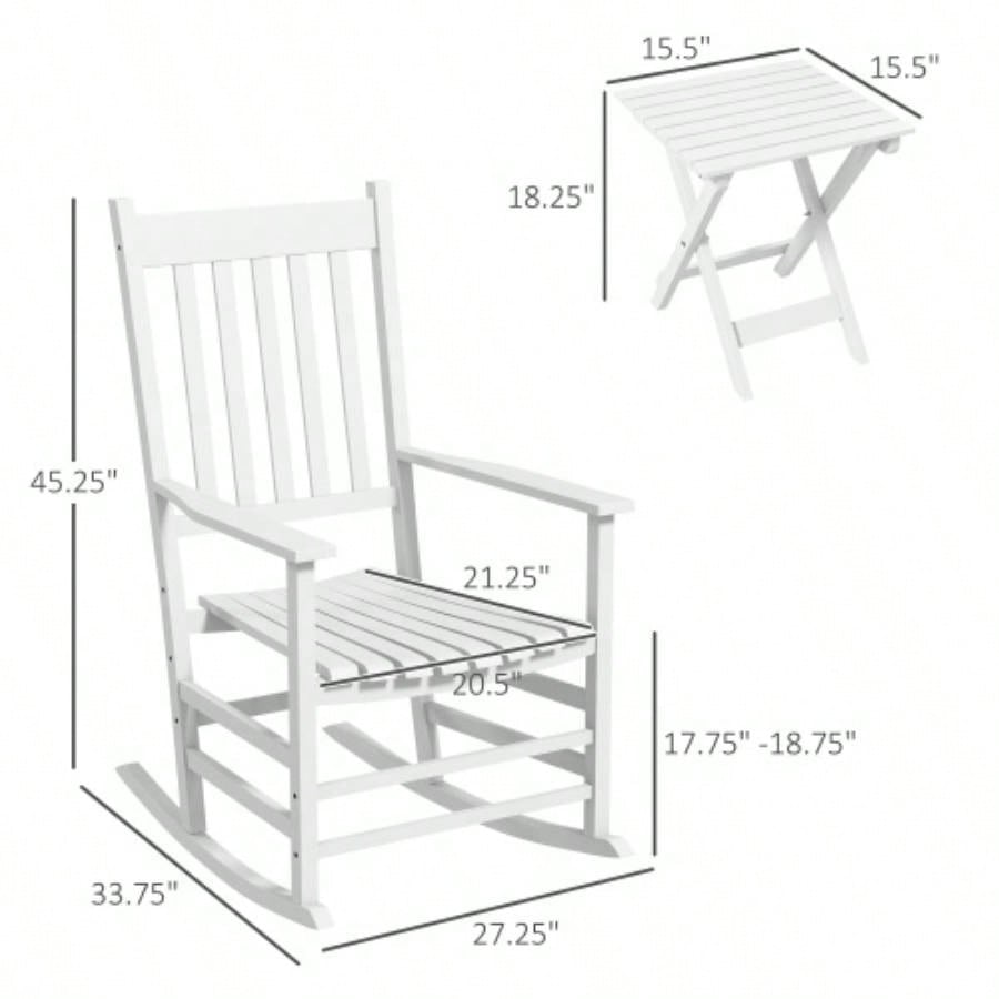 Outsunny Outdoor Rocking Chair Set of 2 with Side Table, Patio Wooden Rocking Chair with Smooth Armrests, High Back Garden, Balcony, Porch, Supports Up to 352 lbs. White