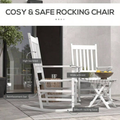 Outsunny Outdoor Rocking Chair Set of 2 with Side Table, Patio Wooden Rocking Chair with Smooth Armrests, High Back Garden, Balcony, Porch, Supports Up to 352 lbs. White