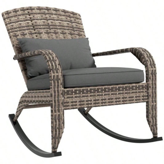 Outsunny Outdoor Wicker Adirondack Rocking Chair, Patio Rattan Rocker Chair with High Back, Cushion, and Pillow Garden, Porch, Balcony, Gray