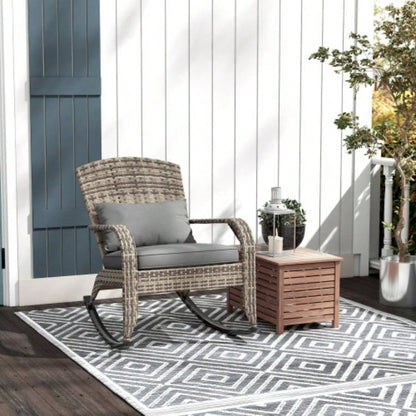 Outsunny Outdoor Wicker Adirondack Rocking Chair, Patio Rattan Rocker Chair with High Back, Cushion, and Pillow Garden, Porch, Balcony, Gray