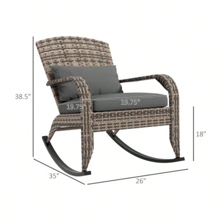 Outsunny Outdoor Wicker Adirondack Rocking Chair, Patio Rattan Rocker Chair with High Back, Cushion, and Pillow Garden, Porch, Balcony, Gray