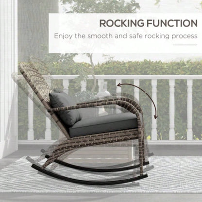 Outsunny Outdoor Wicker Adirondack Rocking Chair, Patio Rattan Rocker Chair with High Back, Cushion, and Pillow Garden, Porch, Balcony, Gray