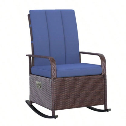 Outsunny Wicker Outdoor Rocking Chair, Patio Recliner with Adjustment Backrest, PE Rattan Lounge Chair with Adjustable Footrest and Cushions Garden, Backyard, Porch, Blue