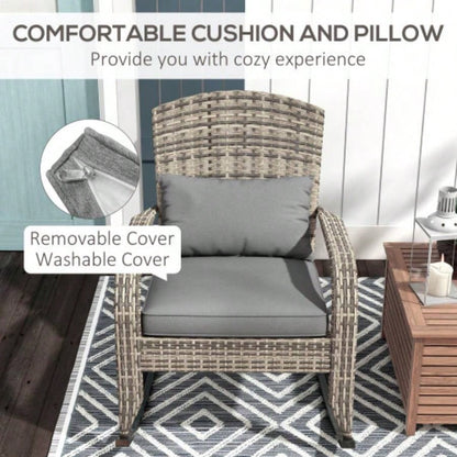 Outsunny Outdoor Wicker Adirondack Rocking Chair, Patio Rattan Rocker Chair with High Back, Cushion, and Pillow Garden, Porch, Balcony, Gray
