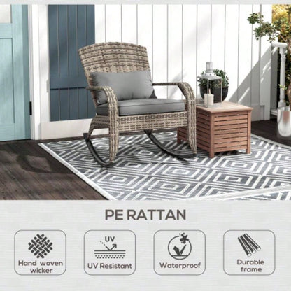 Outsunny Outdoor Wicker Adirondack Rocking Chair, Patio Rattan Rocker Chair with High Back, Cushion, and Pillow Garden, Porch, Balcony, Gray