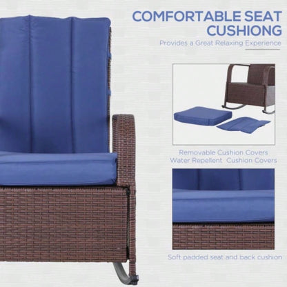 Outsunny Wicker Outdoor Rocking Chair, Patio Recliner with Adjustment Backrest, PE Rattan Lounge Chair with Adjustable Footrest and Cushions Garden, Backyard, Porch, Blue