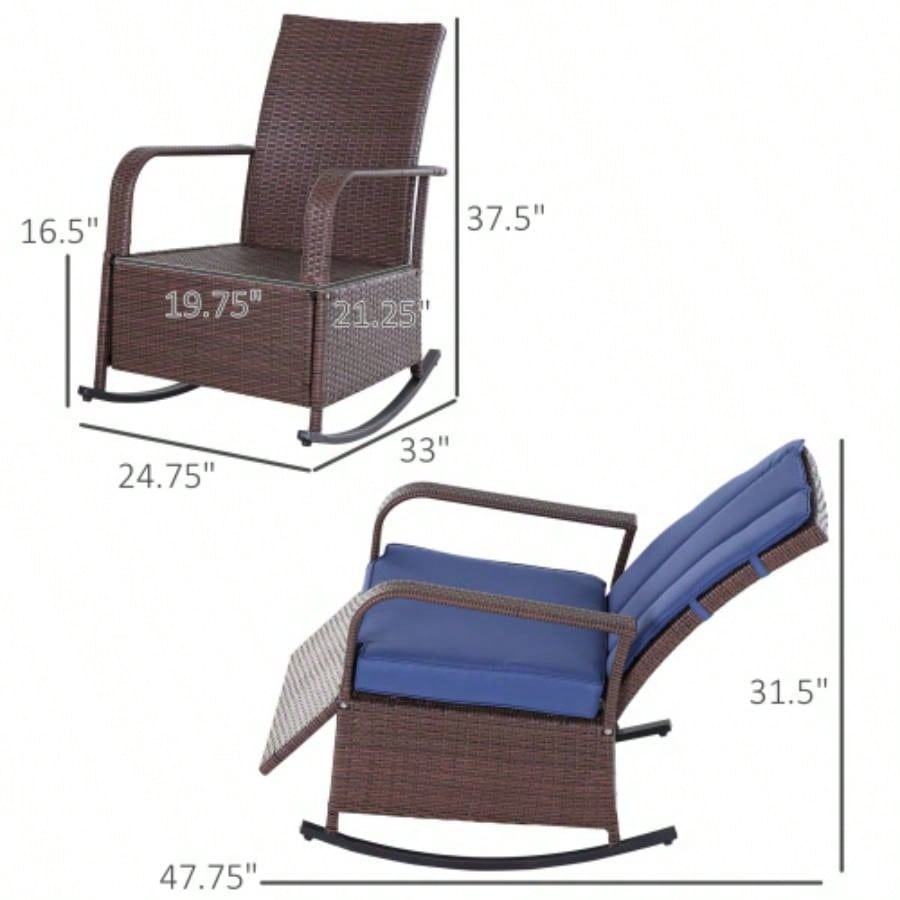 Outsunny Wicker Outdoor Rocking Chair, Patio Recliner with Adjustment Backrest, PE Rattan Lounge Chair with Adjustable Footrest and Cushions Garden, Backyard, Porch, Blue