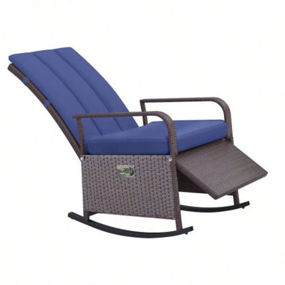 Outsunny Wicker Outdoor Rocking Chair, Patio Recliner with Adjustment Backrest, PE Rattan Lounge Chair with Adjustable Footrest and Cushions Garden, Backyard, Porch, Blue