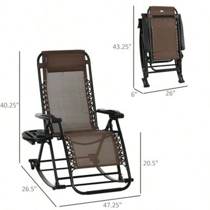Outdoor Rocking Chairs, Foldable Reclining Zero Lounge Rocker/ Pillow, Cup Phone Holder, Combo Design/ Folding, Brown