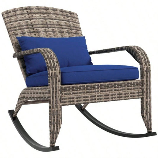 Outsunny Outdoor Wicker Adirondack Rocking Chair, Patio Rattan Rocker Chair with High Back, Cushion, and Pillow Garden, Porch, Balcony, Dark Blue