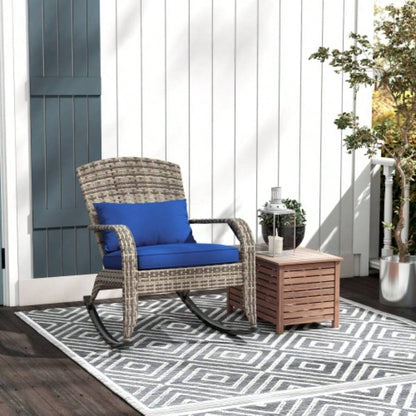 Outsunny Outdoor Wicker Adirondack Rocking Chair, Patio Rattan Rocker Chair with High Back, Cushion, and Pillow Garden, Porch, Balcony, Dark Blue