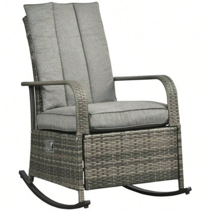 Outsunny Outdoor Rattan Rocking Chair Patio Recliner with Soft Cushions, Adjustable Footrest, 135 Degree Backrest, PE Wicker, Gray