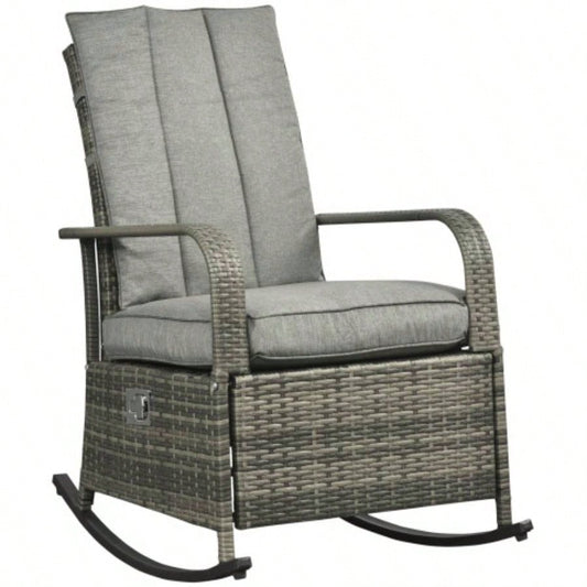 Outsunny Outdoor Rattan Rocking Chair Patio Recliner with Soft Cushions, Adjustable Footrest, 135 Degree Backrest, PE Wicker, Gray