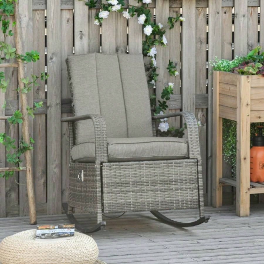 Outsunny Outdoor Rattan Rocking Chair Patio Recliner with Soft Cushions, Adjustable Footrest, 135 Degree Backrest, PE Wicker, Gray