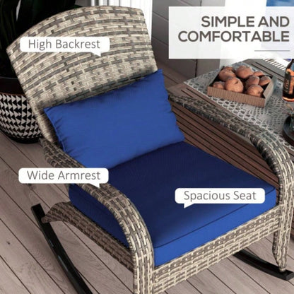 Outsunny Outdoor Wicker Adirondack Rocking Chair, Patio Rattan Rocker Chair with High Back, Cushion, and Pillow Garden, Porch, Balcony, Dark Blue