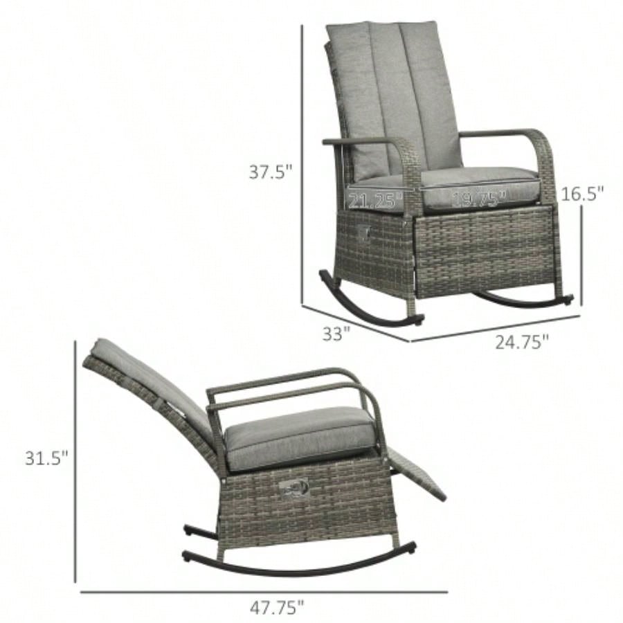 Outsunny Outdoor Rattan Rocking Chair Patio Recliner with Soft Cushions, Adjustable Footrest, 135 Degree Backrest, PE Wicker, Gray