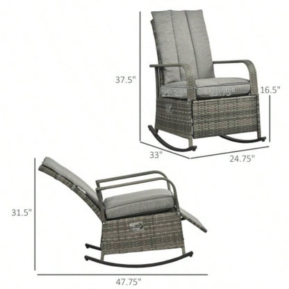 Outsunny Outdoor Rattan Rocking Chair Patio Recliner with Soft Cushions, Adjustable Footrest, 135 Degree Backrest, PE Wicker, Gray