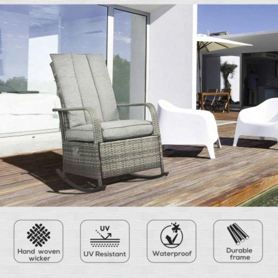 Outsunny Outdoor Rattan Rocking Chair Patio Recliner with Soft Cushions, Adjustable Footrest, 135 Degree Backrest, PE Wicker, Gray