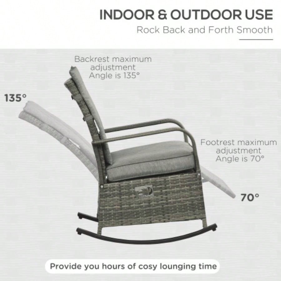 Outsunny Outdoor Rattan Rocking Chair Patio Recliner with Soft Cushions, Adjustable Footrest, 135 Degree Backrest, PE Wicker, Gray