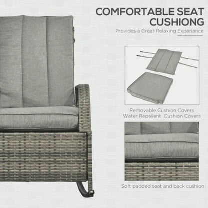 Outsunny Outdoor Rattan Rocking Chair Patio Recliner with Soft Cushions, Adjustable Footrest, 135 Degree Backrest, PE Wicker, Gray