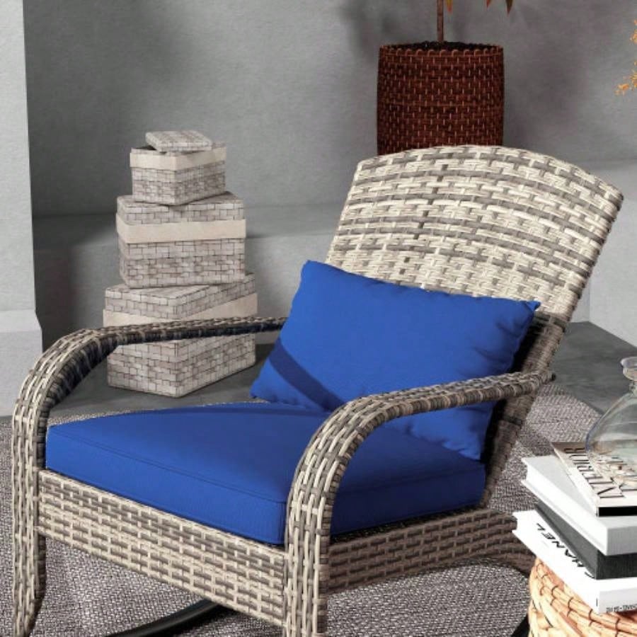 Outsunny Outdoor Wicker Adirondack Rocking Chair, Patio Rattan Rocker Chair with High Back, Cushion, and Pillow Garden, Porch, Balcony, Dark Blue