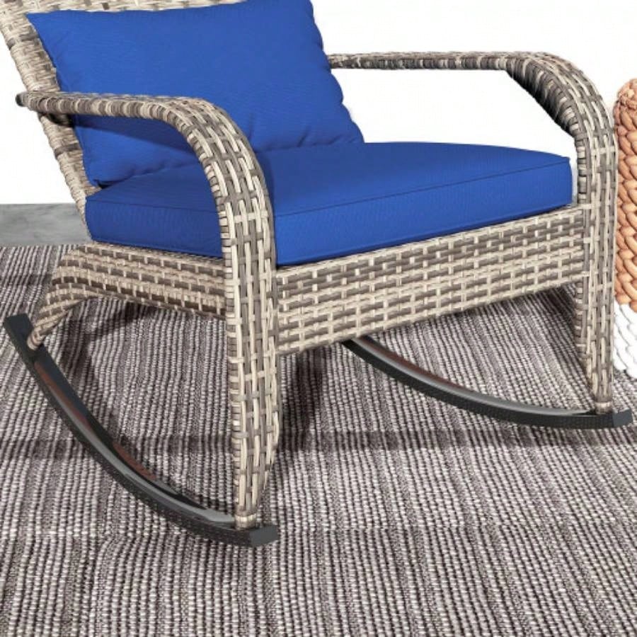 Outsunny Outdoor Wicker Adirondack Rocking Chair, Patio Rattan Rocker Chair with High Back, Cushion, and Pillow Garden, Porch, Balcony, Dark Blue