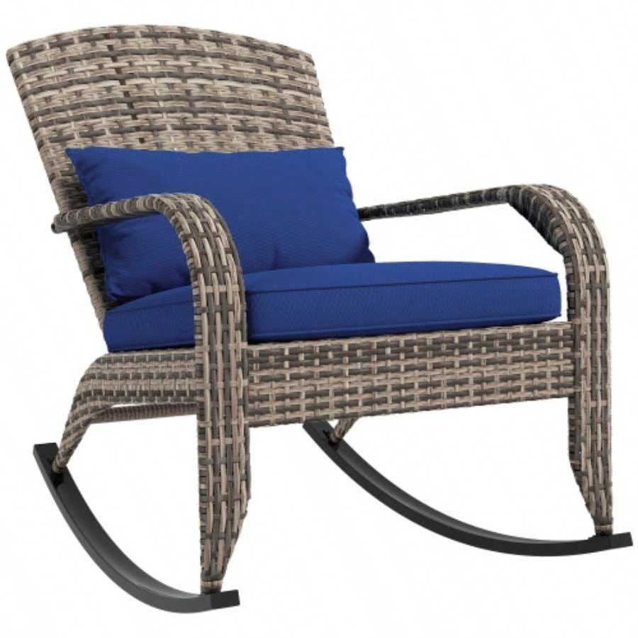 Outsunny Outdoor Wicker Adirondack Rocking Chair, Patio Rattan Rocker Chair with High Back, Cushion, and Pillow Garden, Porch, Balcony, Dark Blue