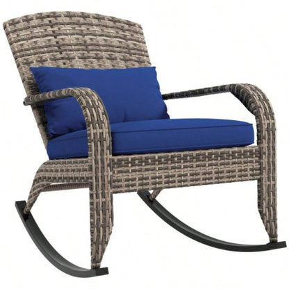 Outsunny Outdoor Wicker Adirondack Rocking Chair, Patio Rattan Rocker Chair with High Back, Cushion, and Pillow Garden, Porch, Balcony, Dark Blue