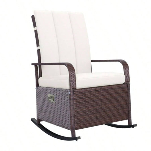 Outsunny Wicker Outdoor Rocking Chair, Patio Recliner with Adjustment Backrest, PE Rattan Lounge Chair with Adjustable Footrest and Cushions Garden, Backyard, Porch, Beige