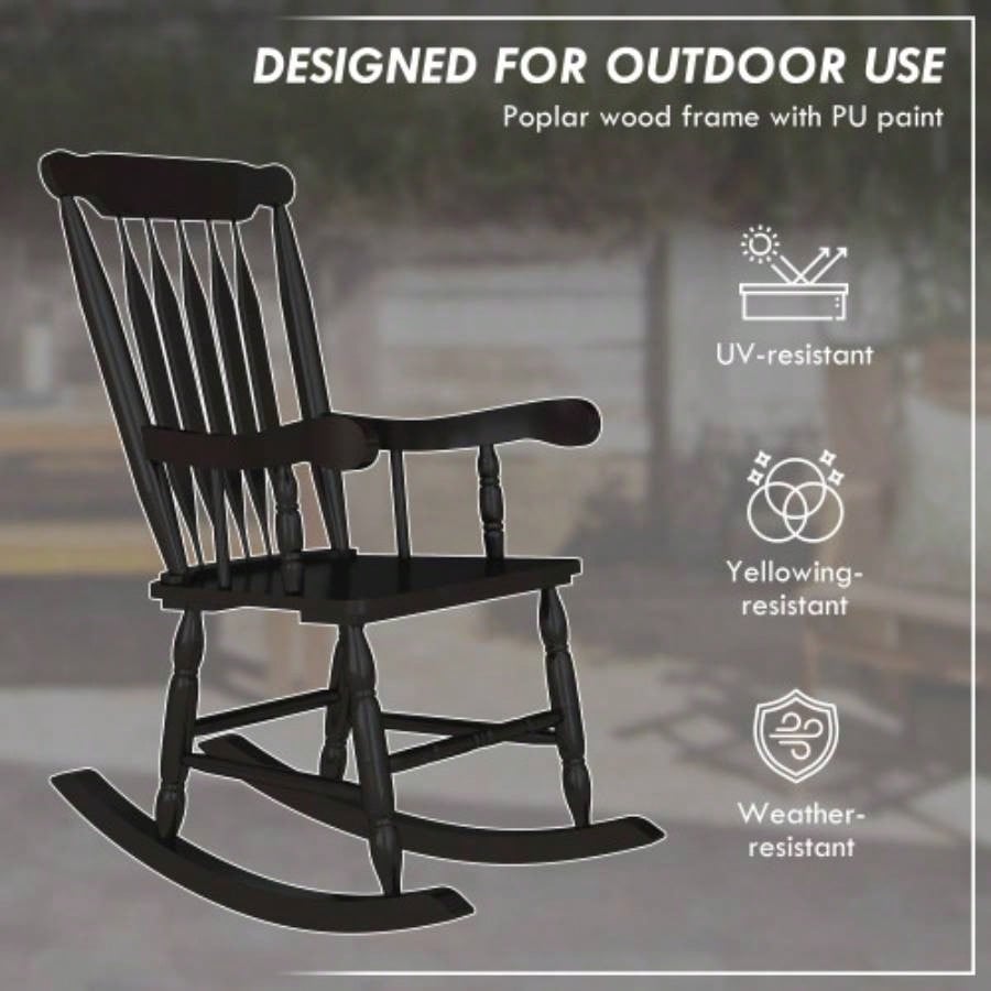 Outsunny Outdoor Wood Rocking Chair, 350 lbs. Porch Rocker with High Back Garden, Patio, Balcony, Black