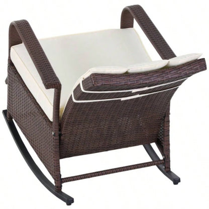 Outsunny Wicker Outdoor Rocking Chair, Patio Recliner with Adjustment Backrest, PE Rattan Lounge Chair with Adjustable Footrest and Cushions Garden, Backyard, Porch, Beige