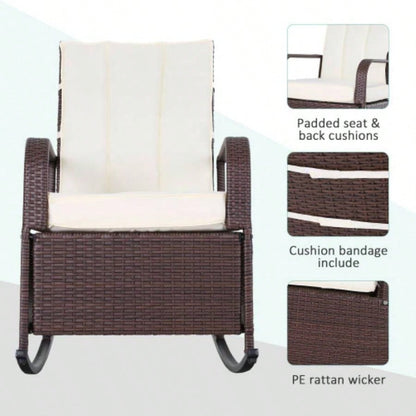 Outsunny Wicker Outdoor Rocking Chair, Patio Recliner with Adjustment Backrest, PE Rattan Lounge Chair with Adjustable Footrest and Cushions Garden, Backyard, Porch, Beige