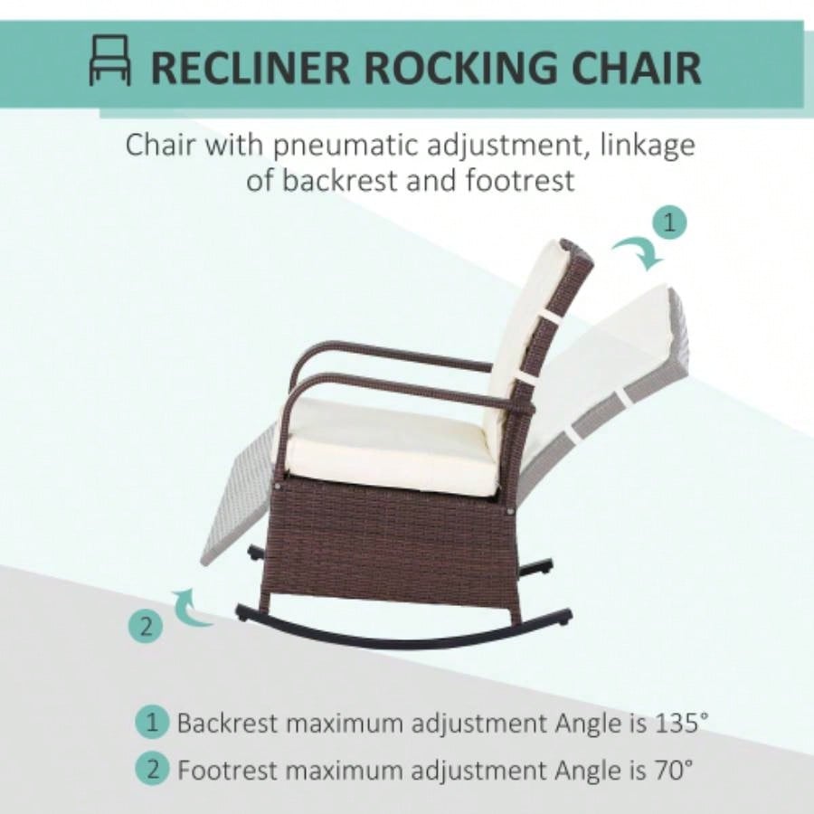 Outsunny Wicker Outdoor Rocking Chair, Patio Recliner with Adjustment Backrest, PE Rattan Lounge Chair with Adjustable Footrest and Cushions Garden, Backyard, Porch, Beige