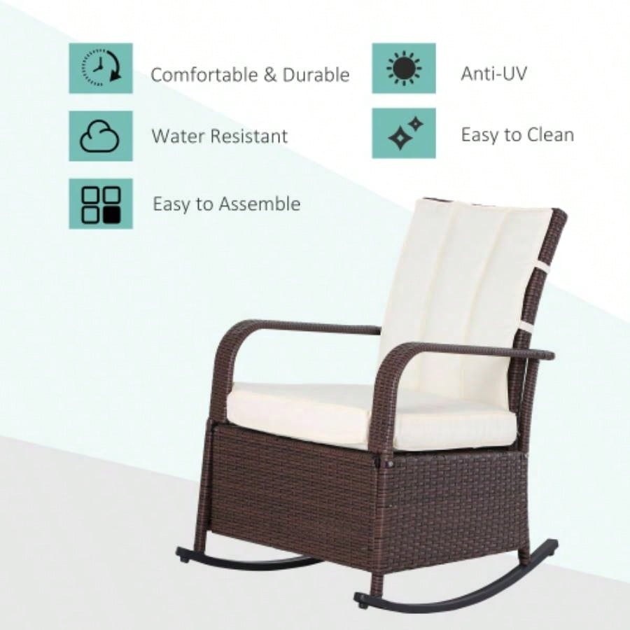 Outsunny Wicker Outdoor Rocking Chair, Patio Recliner with Adjustment Backrest, PE Rattan Lounge Chair with Adjustable Footrest and Cushions Garden, Backyard, Porch, Beige