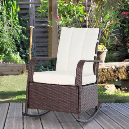 Outsunny Wicker Outdoor Rocking Chair, Patio Recliner with Adjustment Backrest, PE Rattan Lounge Chair with Adjustable Footrest and Cushions Garden, Backyard, Porch, Beige