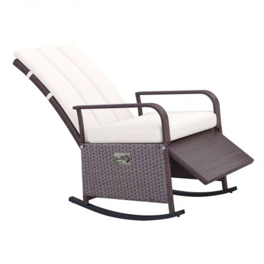 Outsunny Wicker Outdoor Rocking Chair, Patio Recliner with Adjustment Backrest, PE Rattan Lounge Chair with Adjustable Footrest and Cushions Garden, Backyard, Porch, Beige