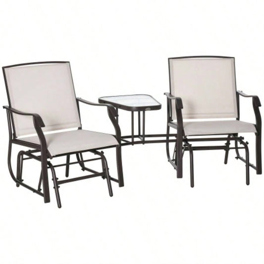 Outsunny Outdoor Glider Chairs with Coffee Table, Patio 2 - Rocking Chair Swing Loveseat with Breathable Sling Backyard, Garden, and Porch, Beige