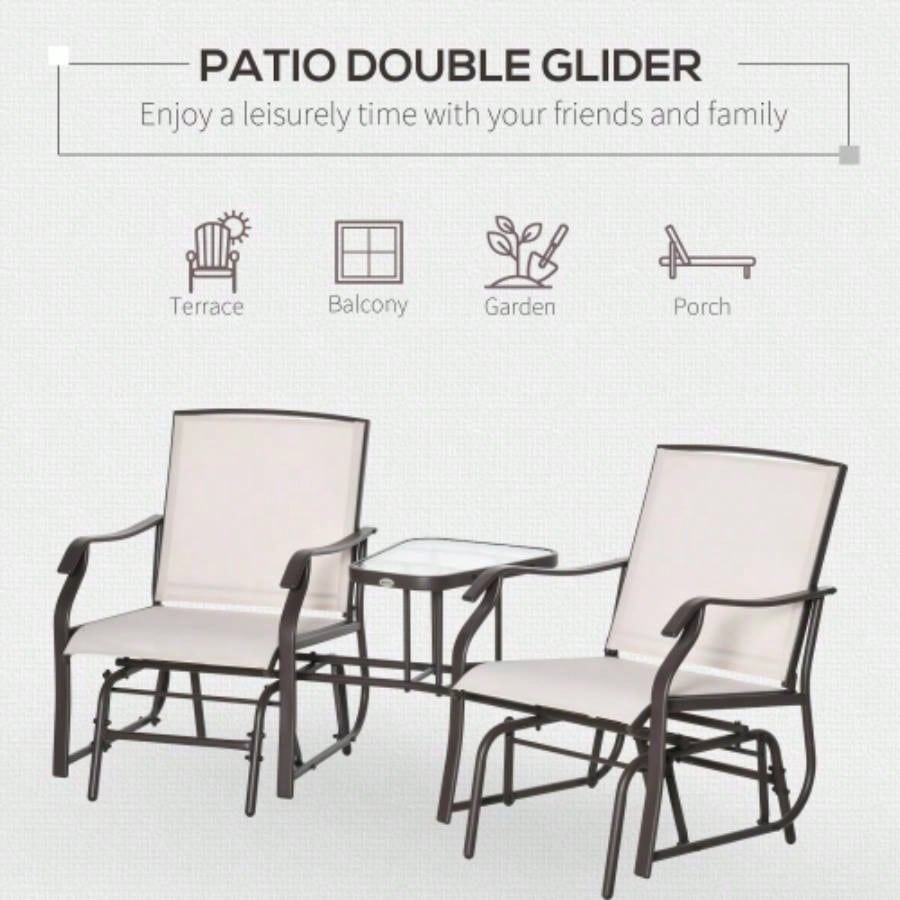 Outsunny Outdoor Glider Chairs with Coffee Table, Patio 2 - Rocking Chair Swing Loveseat with Breathable Sling Backyard, Garden, and Porch, Beige