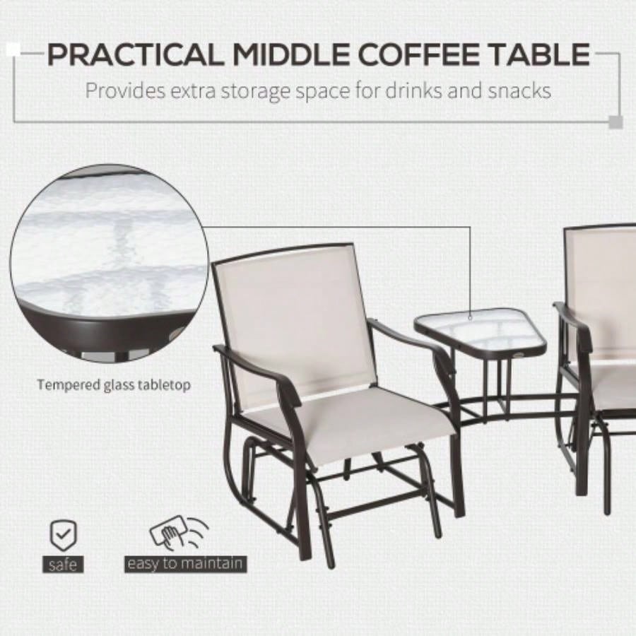 Outsunny Outdoor Glider Chairs with Coffee Table, Patio 2 - Rocking Chair Swing Loveseat with Breathable Sling Backyard, Garden, and Porch, Beige