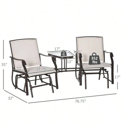 Outsunny Outdoor Glider Chairs with Coffee Table, Patio 2 - Rocking Chair Swing Loveseat with Breathable Sling Backyard, Garden, and Porch, Beige