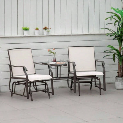 Outsunny Outdoor Glider Chairs with Coffee Table, Patio 2 - Rocking Chair Swing Loveseat with Breathable Sling Backyard, Garden, and Porch, Beige