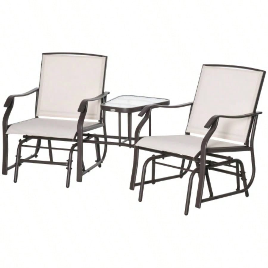 Outsunny Outdoor Glider Chairs with Coffee Table, Patio 2 - Rocking Chair Swing Loveseat with Breathable Sling Backyard, Garden, and Porch, Beige