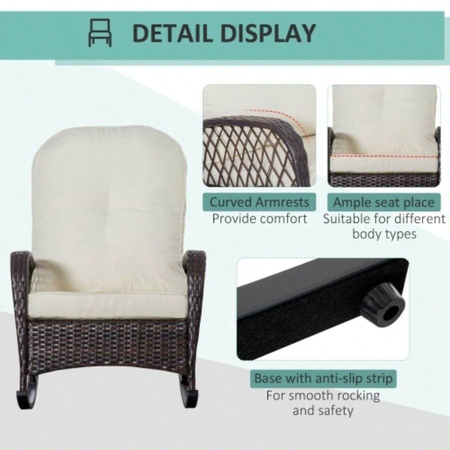 Outsunny Outdoor Wicker Rocking Chair with Wide, Thick, Soft Cushion, Rattan Rocker/Steel Frame, High Weight Capacity Patio, Garden, Backyard, White